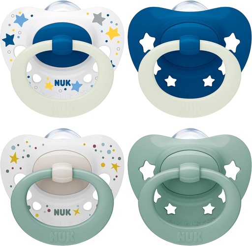Suzete NUK Signature Day & Night pentru bebelusi | 0-6 luni | Calmeaza 95% dintre bebelusi | Suzete din silicon in forma de inima, fara BPA | Stralucesc in intuneric | Stele | Pachet de 4
