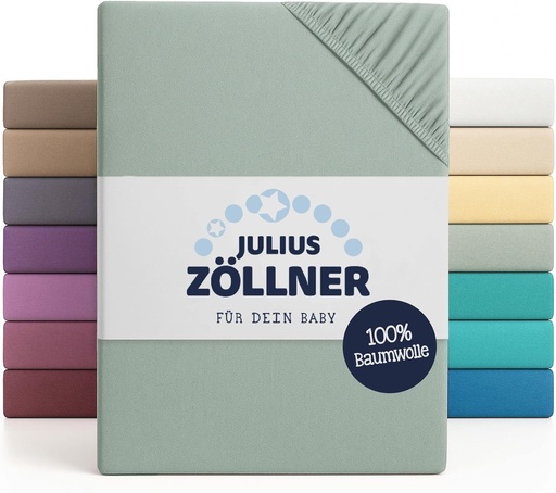 Cearsaf cu elastic Julius Zollner Jersey pentru pat de bebelusi si copii, 100% bumbac Jersey, certificat OEKO-TEX Standard 100, dimensiune: 60x120cm / 70x140cm, 1 pachet, salvie