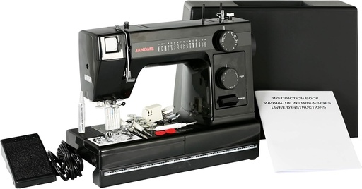 Masina de cusut Janome HD1000 Black Edition cu 14 cusaturi, butoniera in 4 pasi, infilator automat al acului si alimentare prin picurare