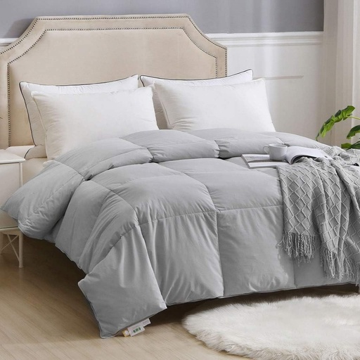 Pilota din puf pentru toate anotimpurile APSMILE 240x260 cm, pilota 100% bumbac cu umplutura din puf si pene, pilota din puf cu caldura medie 320 g/m², (240x260 cm, alb)
