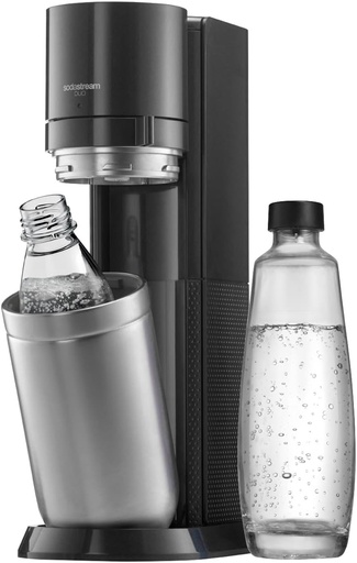 Aparat de facut apa minerala SodaStream DUO (cu oprire) | Include 1 sticla de sticla de 1L si 1 sticla de plastic FUSE de 1L (potrivita pentru masina de spalat vase) | Culoare: Titan