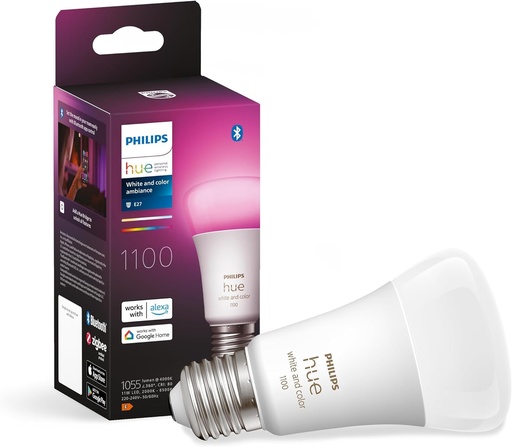 Bec standard Philips Hue, pachet de 1 - E27 - Iluminat LED sustenabil - Lumina alba si colorata - Reglabil - Conectare prin Bluetooth sau Hue Bridge - Functioneaza cu Alexa si Google Home