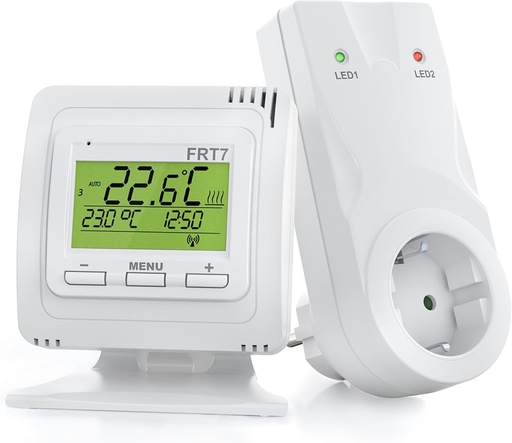 Termostat de camera wireless ELEKTROBOCK FRT7B3 cu suport | Asezabil oriunde | cu receptor | Raza lunga de actiune | Pentru incalzire electrica si cu infrarosu, Alb