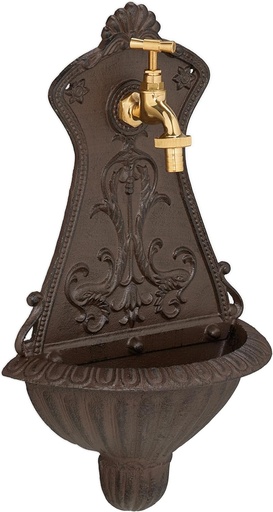 Fantana de perete pentru exterior Relaxdays, fantana de gradina, bazin cu robinet, fonta si alama, 42 x 24,5 x 11,5 cm, maro