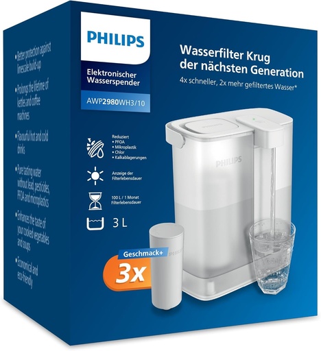 Cana filtranta Philips Water Instant (3 l) – Apa curata si cu gust delicios in cateva secunde – Filtru 3× Taste+, reduce clorul si plumbul, pastreaza mineralele