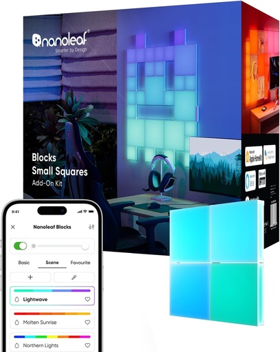 Pachet de expansiune Nanoleaf Blocks | 4 Mini Squares (este necesar un pachet de inceput), lampa de perete RGBW cu schimbare de culoare, temperatura de culoare reglabila de la 2700K la 6500K, lampa de atmosfera difuza, alb