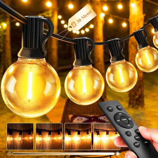 JEYMORKEY Siruri luminoase LED pentru exterior - 30M 100FT G40 Becuri Iluminat gradina Balcon Siruri luminoase IP44 rezistente la intemperii pentru foisor cu telecomanda pentru petreceri pe terasa