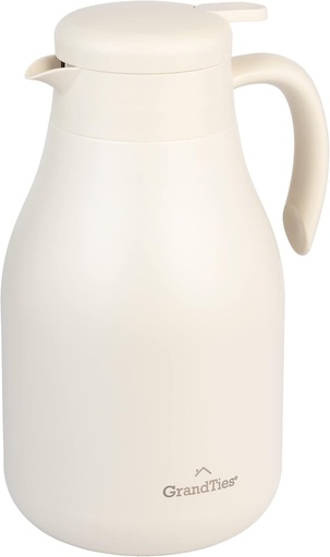 GrandTies Carafa Termica pentru Cafea din Otel Inoxidabil 1800 ML - Termos Izolat cu Pereti Dubli, Cafetiera, Dozator de Apa Calda - Termos pentru Bauturi Calde, Retinere a Caldurii 12 Ore (Alb Fildes)