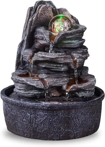 Fantana de interior cu cascada, trepte naturale, efect de piatra si lumina colorata, idee de cadou, decor interior in miscare - Fantana de masa Zen, relaxanta, obiect norocos, H 25cm - Luberon Zen'Light