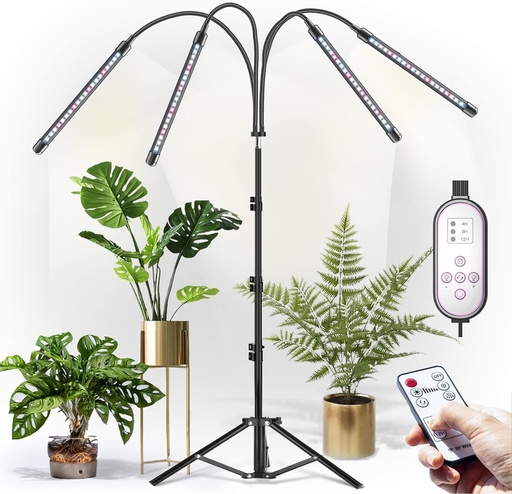 Lampa LED cu spectru complet pentru plante, cu suport, telecomanda RF si temporizare controlata prin linie 4/8/12 ore, 4 moduri de comutare si 10 niveluri de luminozitate, stabila si reglabila 40-150 cm, pentru plante de interior