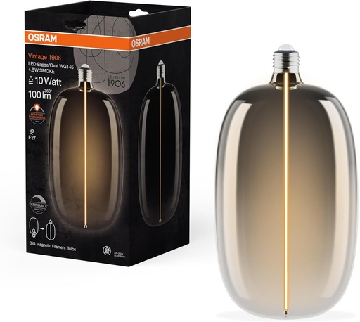 Becul LED Osram Vintage 1906 Big Elipse Oval este un bec LED reglabil cu filament eliptic. Ofera 4,8 W pentru 100 lm, un soclu E27, un design fumuriu, un diametru de 145 mm, un indice de redare a culorilor (CRI) de 80 si o temperatura de culoare de 1800 K.