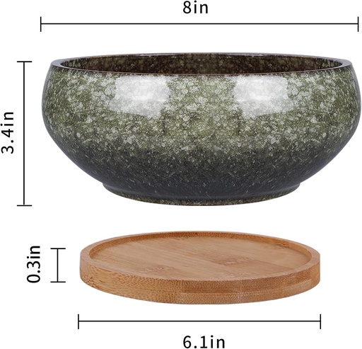 Ghiveci ceramic EPFamily Bonsai, glazurat, putin adanc, ghiveci suculent cu orificiu de drenaj si farfurie din bambus pentru plante de apartament, 20,3 cm, verde