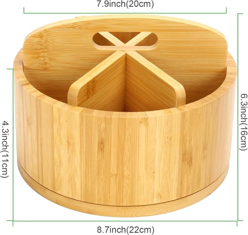 Organizator de birou Cini din bambus, rotativ la 360°, suport pentru pixuri din lemn cu maner, organizator de masa, 6 compartimente mari ca organizator de birou, organizator