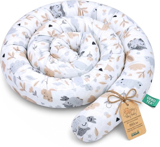 Perna de pat Totsy Baby XXL cu model sarpe, perna de alaptat, rola de pat, protectie pentru marginile patului, perna decorativa, imprejmuire pat sarpe XL, lucrata manual, gri deschis cu bufnite, 150 cm, certificat Oeko-Tex