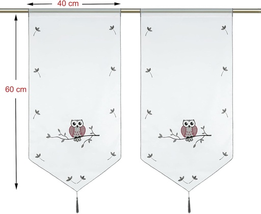 HeichkelL Perdele de cafenea din voal, model bufnita, perdea bistro brodata transparenta cu ciucuri, perdele pentru ferestre, panouri cu buzunare pentru tija, perdele scurte, gri, latime x inaltime 40x60 cm, 2 bucati