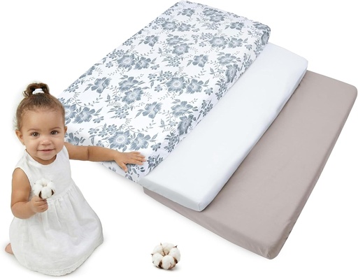 Medi Partners Cearsaf cu elastic, 60x120, pachet de 3, cearsafuri pentru pat de bebelus, 100% bumbac - Cearsaf cu elastic pentru copii, saltea pentru bebelusi, sac de dormit, pat pentru bebelusi (verde-alb-gri)