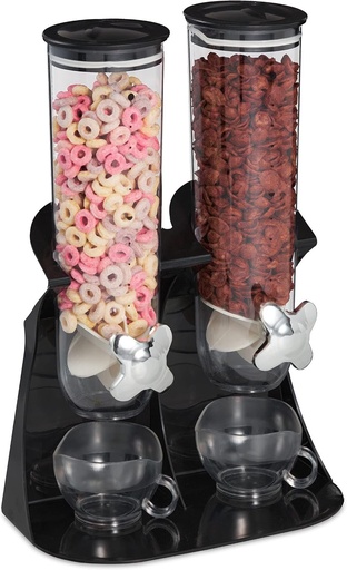 Dozator dublu de cereale Relaxdays, dozator de cereale pentru muesli, fulgi de porumb, dulciuri, dozator de gustari, plastic, negru, 1 bucata