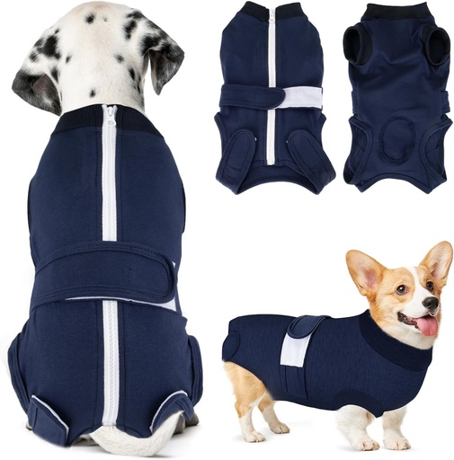 Costum de protectie pentru caini post-operatori Eyein, costum de protectie impotriva ranilor pentru caini femele si masculi cu fermoar si curea Velcro - Protectie anti-lingere si impotriva ranilor, costum respirabil dintr-o singura bucata pentru caini post-operatori (albastru inchis, XXL)