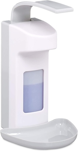 Dozator de dezinfectant Relaxdays cu tava de scurgere, dozator de igiena montat pe perete pentru dezinfectarea mainilor, dozator cu parghie pentru 500 ml, alb, 1 bucata