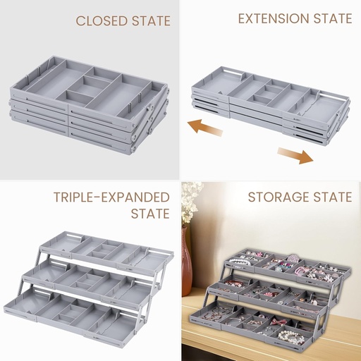 Organizator extensibil pentru sertare BELLE VOUS - Organizator de comoda cu 3 niveluri pentru machiaj si bijuterii - Gadgeturi de bucatarie - Organizator pentru sertare de bucatarie - Gadgeturi de birou - Gadgeturi de baie