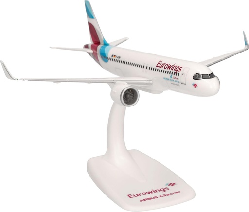 Herpa Snap-Fit Eurowings Airbus A320neo - D-AENA, miniatura la scara 1:200, piesa de colectie, model cu suport, plastic, alb