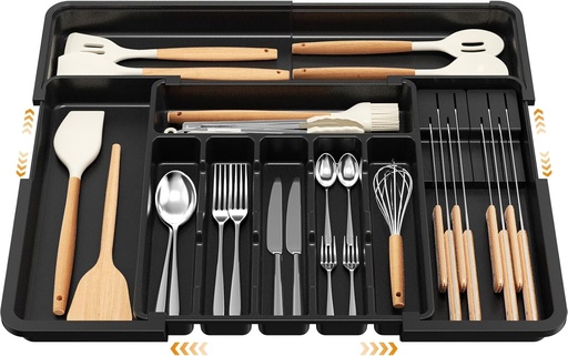 Tava extensibila pentru tacamuri Euqvunn pentru sertare, 6-9 compartimente reglabile, cu 2 blocuri de cutite detasabile, suport compact pentru tacamuri din plastic, pentru furculite si cutite (negru)