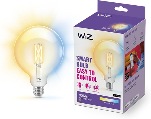 Lampa LED reglabila alba WiZ E27 (806 lm), G125, lampa cu filament transparent de 60 W cu lumina alb calda pana la rece reglabila, control inteligent al luminii prin Wi-Fi folosind vocea/aplicatia