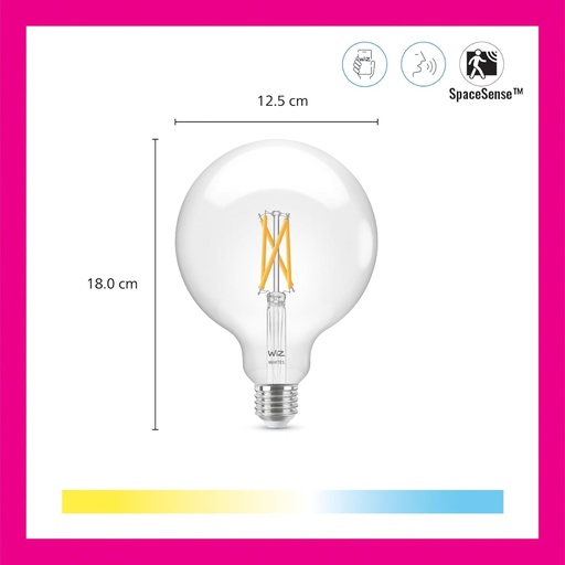 Lampa LED reglabila alba WiZ E27 (806 lm), G125, lampa cu filament transparent de 60 W cu lumina alb calda pana la rece reglabila, control inteligent al luminii prin Wi-Fi folosind vocea/aplicatia