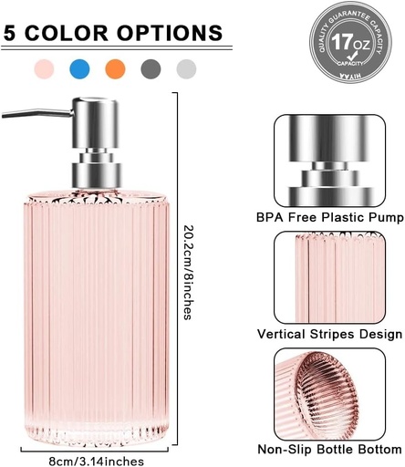 Set de 3 dozatoare de sapun din sticla x 500 ml cu pompa pentru baie, blat, bucatarie, spalatorie (roz)