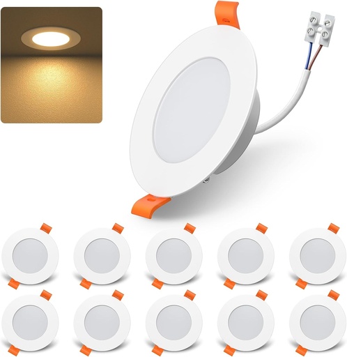 DUSKTEC Spoturi LED incastrate extra plate 220V, alb cald, pachet de 10 spoturi LED 7W 660LM baie, spoturi incastrate in tavan IP44 gaura 68-90mm pentru bucatarie living hol