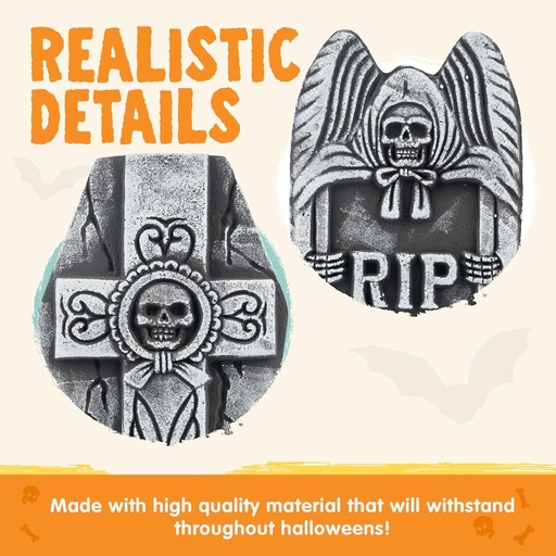 JOYIN Pietre funerare din spuma de 43 cm pentru Halloween (pachet de 5), pietre funerare de Halloween, decoratiuni exterioare pentru morminte cu 12 tarusi metalici pentru cimitir, gazon, decoratiuni de petrecere