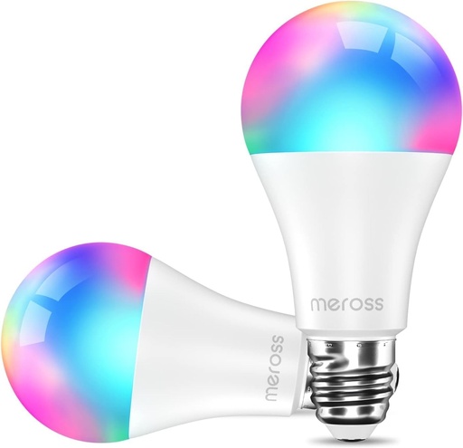 Bec LED inteligent, Meross Wi-Fi cu intensitate reglabila, echivalent lampa inteligenta multicolora, 60W E27 2700K-6500K RGBCW, compatibil cu Alexa, Google Home si SmartThings, 2 buc.