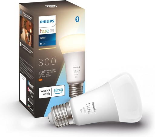 Lampa LED Philips Hue White E27, pachet de 1 (806 lm), cu intensitate reglabila pentru sistemul de iluminat Hue, cu lumina alba calda, control inteligent al luminii prin voce si aplicatie