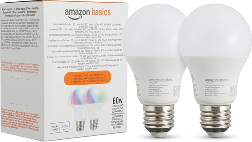 Bec LED inteligent multicolor Amazon Basics, soclu E27, 8W (echivalent 60W), functioneaza doar cu Alexa, pachet de 2