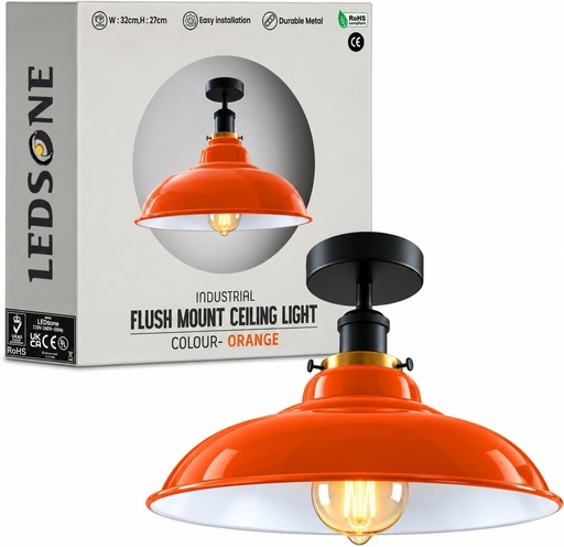 Lampa de tavan industriala vintage semi-incastrata LEDSone - Metal - Forma de bol - Rosu - Abajur pentru sufragerie si decoratiuni interioare - Soclu E27 (Portocaliu)
