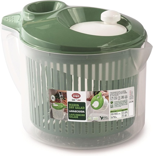Masina de spalat si uscat salate Snips, 3L, centrifugatoare pentru salata, 19,5 x 26,5 x 19 cm, verde si alb, fabricata in Italia