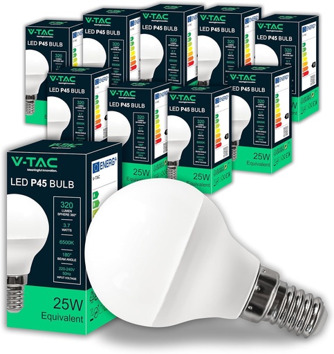 Becuri LED V-TAC 10x P45 - Eficienta energetica ridicata - E14 3,7W (echivalent 25W) - 320 lumeni - Unghi de fascicul 180° - Bec economic - Alb rece 6500K