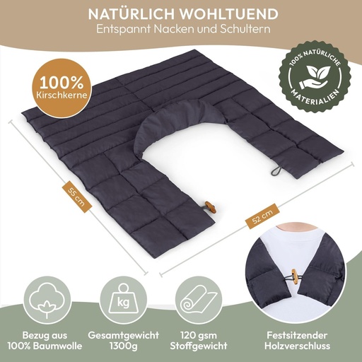 Perna Blumtal cu samburi de cires - Perna din cereale cu umplutura 100% din samburi de cires - Perna din cereale pentru cuptorul cu microunde cu husa 100% bumbac certificata OEKO-TEX - Perna incalzitoare pentru umeri - Perna verde cu samburi de cires cu camere