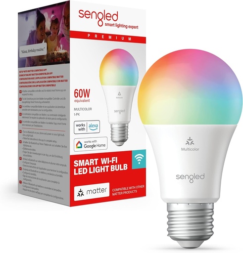 Bec LED inteligent Sengled (E27), compatibil cu Matter si Alexa, multicolor, echivalent 60W, 800 lm, asociere instantanee, necesita platforma compatibila cu Matter, 2.4 GHz, Wi-Fi, 1 pachet
