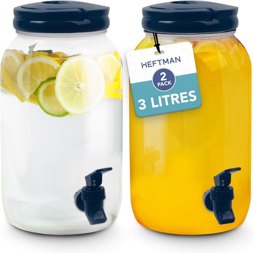 Dozator de bauturi din plastic HEFTMAN 3L, albastru, dozator de apa rece cu robinet, maner, capac cu filet, ideal pentru cocktailuri, infuzii si bauturi racoritoare