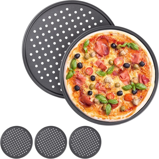 Tava de pizza Relaxdays, set de 5, rotunda, perforata, antiaderenta, pentru tarte flambée, otel, matrita, 32 cm, antracit