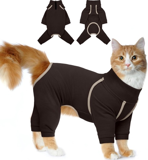 Pulover pentru pisici Katzinst, haine lipicioase cu blana pentru pisici cu fermoare, pijamale pentru pisici, haine pentru pisici cu 4 picioare, prevenirea caderii parului, body cu maneca lunga pentru pisici, (cafea, XL)