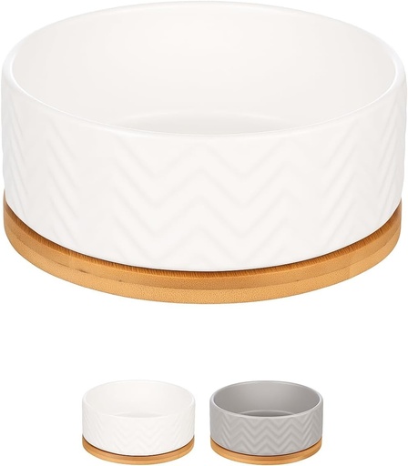 Bol pentru caini Flamingo Bianco 990 ml, alb - antiderapant - boluri ceramice glazurate intr-un suport de bambus - 16cm x 6cm x 7cm