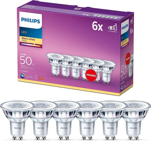 Philips LED classic, Bec echivalent 50 W, GU10, Set de 6, Alb cald (2700 Kelvin), 355 lumeni, Reflector