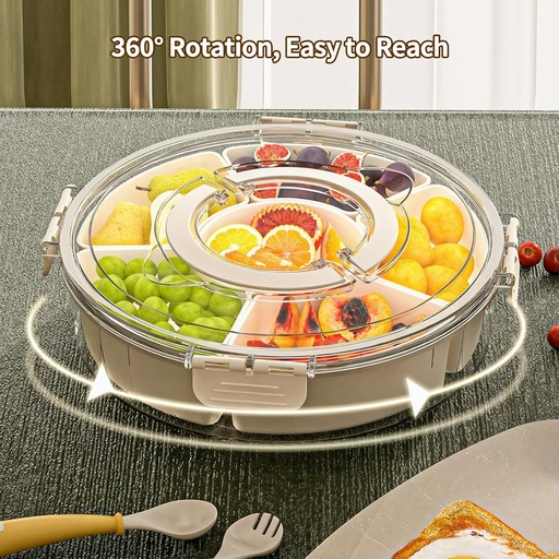 Cutie pentru gustari Leerweii cu compartimente, farfurie pentru gustari cu capac si maner, cutie pentru gustari rotativa la 360°, organizator pentru gustari, dulciuri, nuci, fructe, condimente, pentru petreceri, picnicuri si excursii