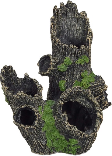 Decoratiune pentru acvariu Relaxdays, pestera tip trunchi de copac, aspect natural, ascunsa, accesoriu pentru acvariu IxLxA 16,5 x 15,5 x 11 cm, negru-verde