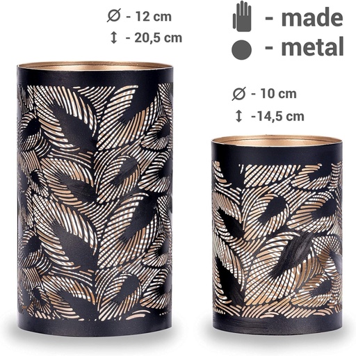Suport pentru lumanari votive ZEYA 20 cm + 14 cm inaltime, felinar metalic negru, set de 2, suporturi mari pentru lumanari votive, cadou atractiv de Craciun
