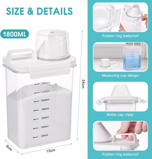 Dozator de detergent de 1800 ml, cutie de depozitare a detergentului etansa si etansa, dozator de detergent praf, cutie de detergent praf, dozator de detergent, cutie de depozitare cu cana gradata
