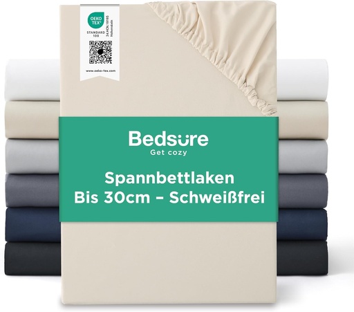 Cearsaf cu elastic Bedsure 180x200cm pana la 30cm - Cearsaf cu elastic 180 x 200 cm, pat Box Spring, cearsaf cu elastic certificat Oeko-TEX, microfibra periata, prietenos cu pielea, moale si usor de intretinut, bej