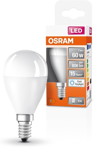 Bec OSRAM LED Classic P60 Star pentru soclu E14, forma de lacrima, aspect mat, 806 lumeni, alb-lumina, 6500K, inlocuitor pentru becurile conventionale de 60W, nedimabil, pachet de 1
